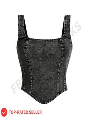 WDIRARA Denim Corset Tank Top Crop Sleeveless Zip Up Back Top